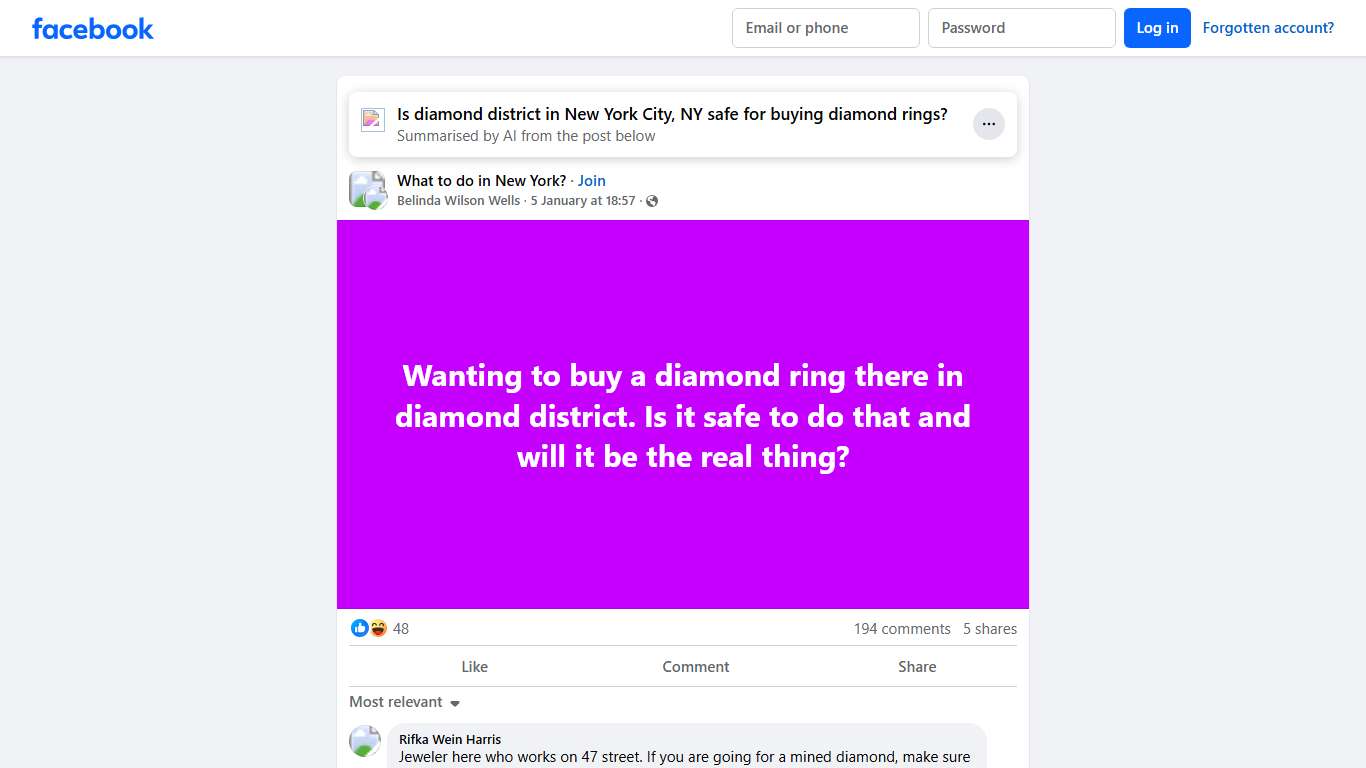 What to do in New York? Wanting to buy a diamond ring there in diamond district Facebook